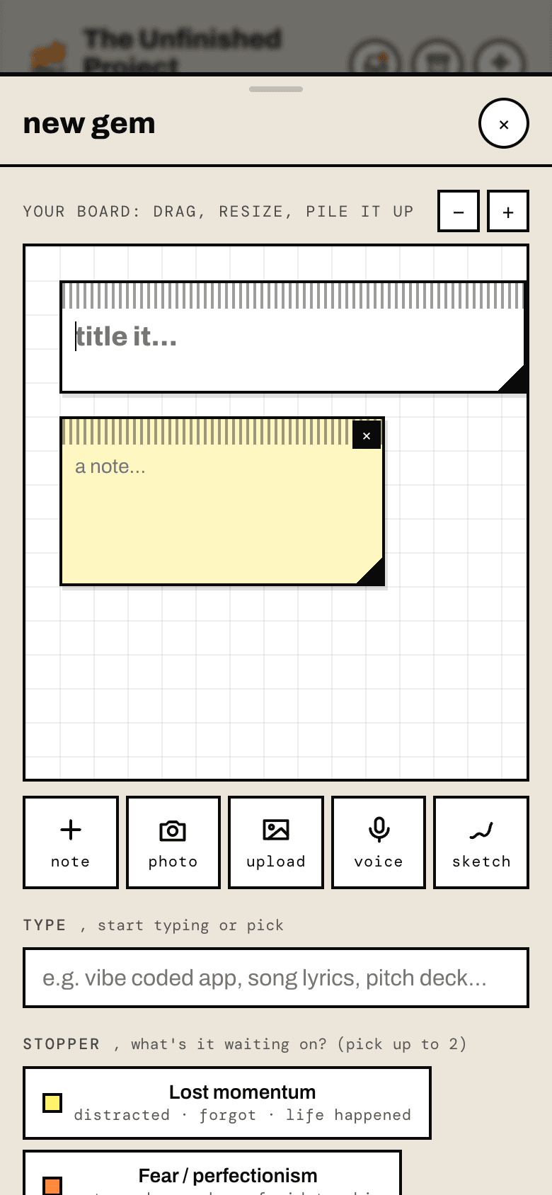 The Miro-style capture board in the mobile app, with note, photo, upload, voice, and sketch tools and a stopper picker.