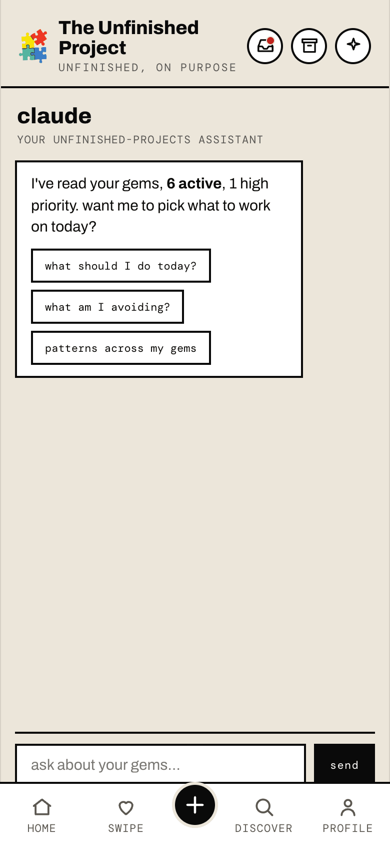 The Claude AI helper view in the app, offering to pick what to work on today and surface patterns across the user's gems.