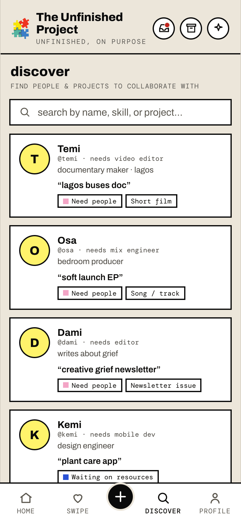 The discover view for searching people and projects to collaborate with.