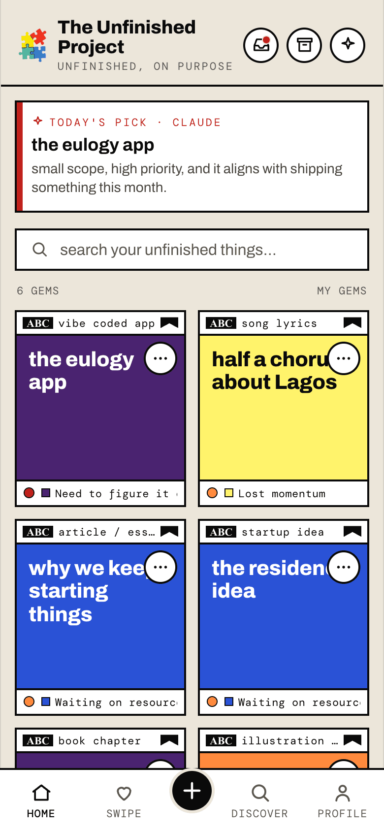 The Unfinished Project mobile app showing a feed of gem cards, each a colored letter tagged by the reason the project stalled.
