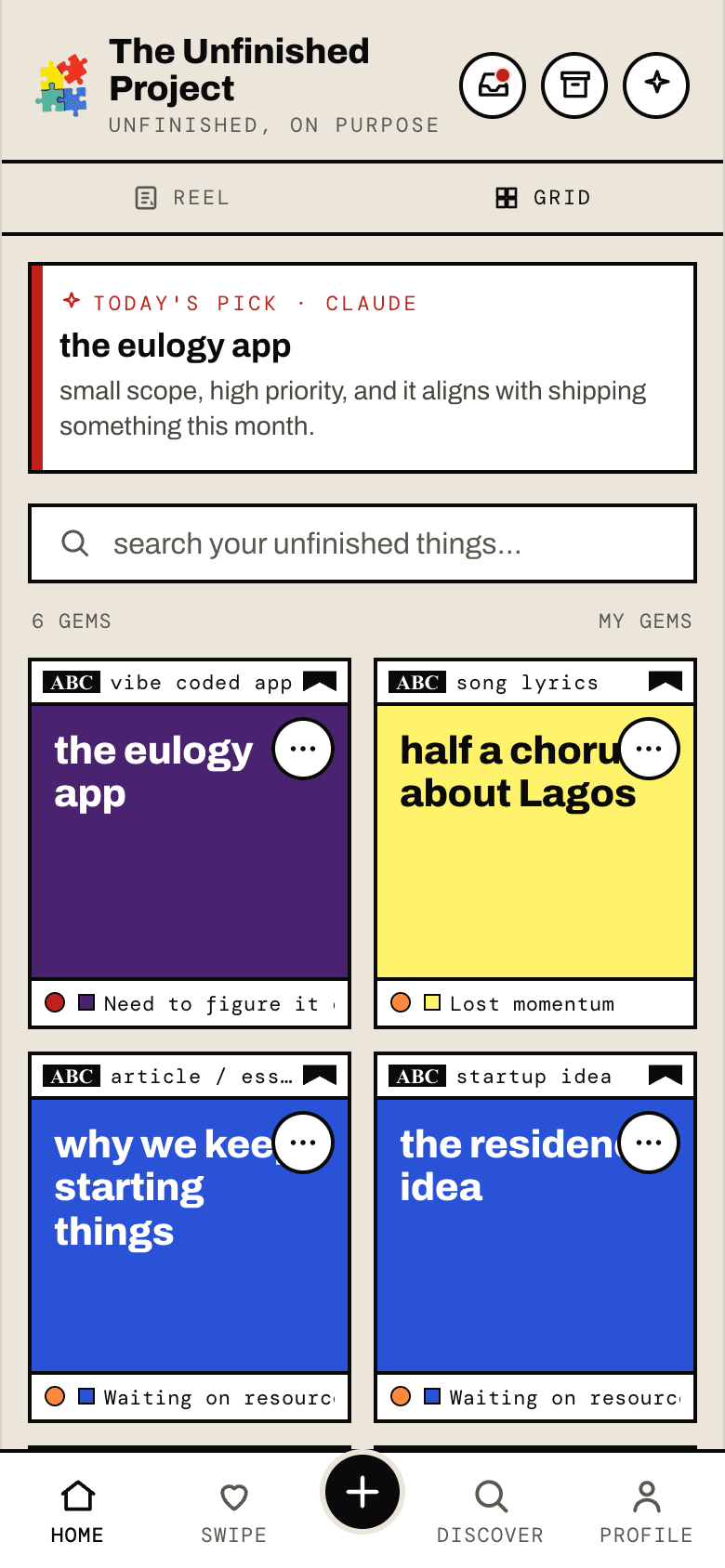 The same Home with the Grid toggle active, a tidy grid view of all gem cards for scanning and managing.