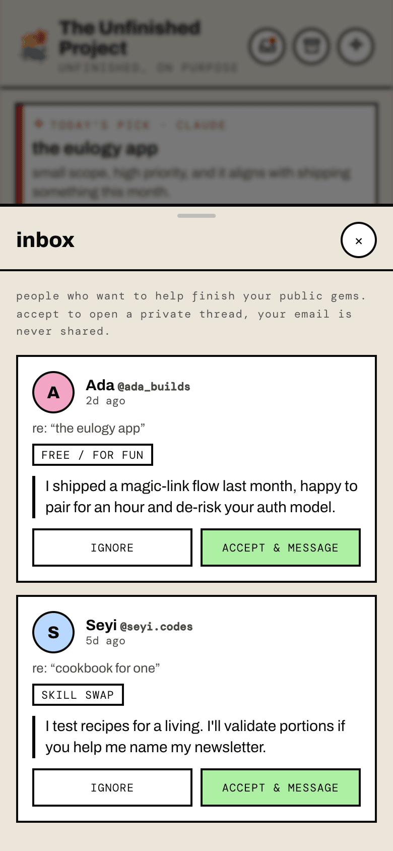 The inbox showing incoming collaboration signals the owner can accept or ignore.