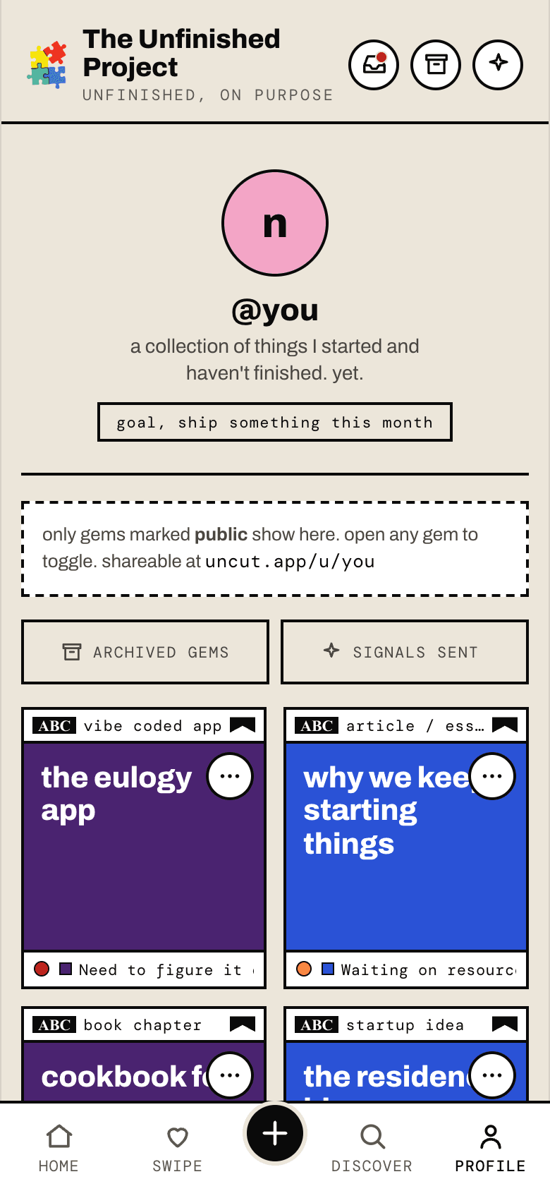 The personal portfolio view in the mobile app showing the user's collection of gems.
