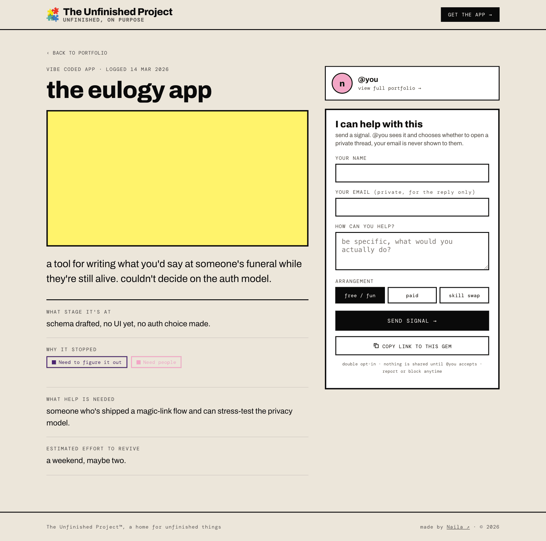 A public shareable gem page for 'the eulogy app', showing what it is, why it stopped, and an 'I can help with this' collaboration form on the right with name, email, a help message, and an arrangement option.