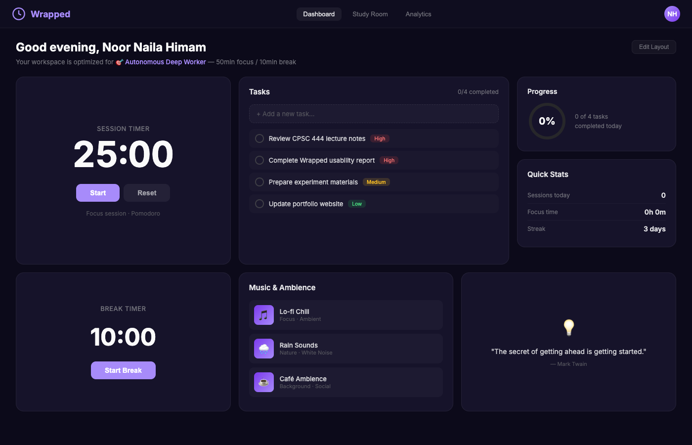 Wrapped dashboard with dark theme showing widgets